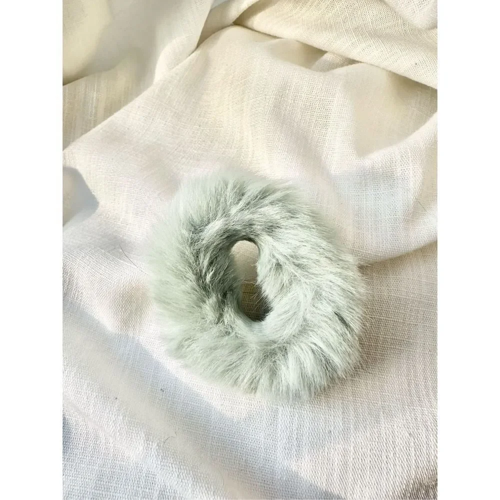 Light eucalyptus green faux fur hair tie scrunchie